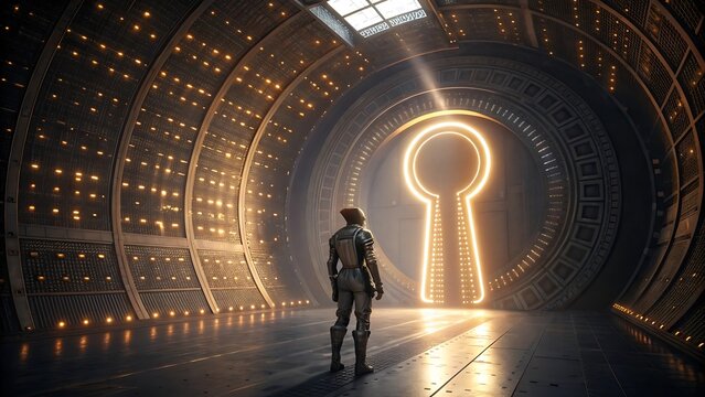 Futuristic digital tunnel with glowing encryption key and lone figure silhouette futuristic tunnel