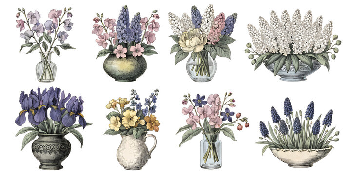 Vintage botanical flowers in vase engraving set dark background, hand drawn iris lilac muscari delphinium sketch, antique moody floral illustration clipart  flowers in vase, botanical vase, flower arr