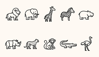 African safari animal line icons featuring minimalist wildlife vector illustrations for branding © Ghaghah24