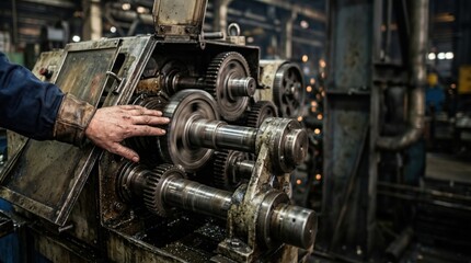 Naklejka premium Worker Hand Near Rotating Industrial Machine Creating Serious Entanglement Hazard Risk
