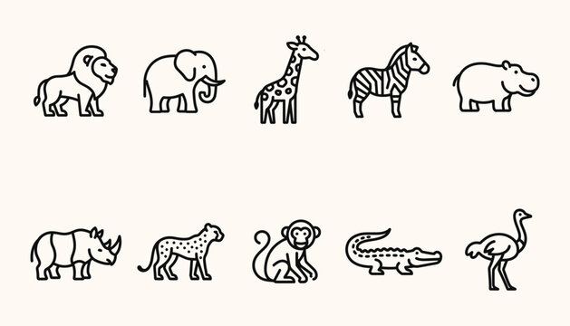 African safari animal line icons featuring minimalist wildlife vector illustrations for branding
