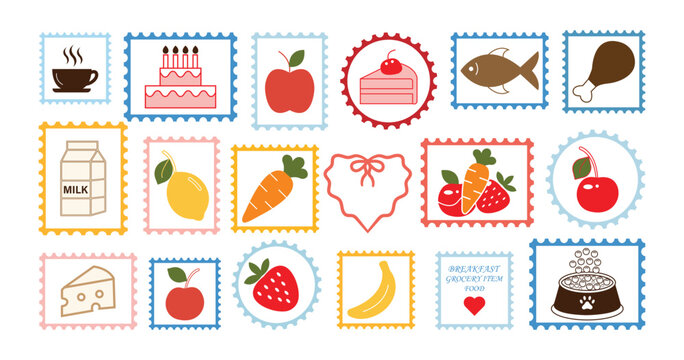Vintage postage stamp set with colorful fruit and grocery items illustration set. Italian food stamp set. Mediterranean Summer Lifestyle Stamp Collection, Minimalist Food and Drink Vector Icons Set