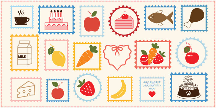 Vintage postage stamp collection with colorful fruit  illustration set. Italian food stamp set. Summer holiday hand drawn doodle vintage postage stamp set.Fruit Market Postage Stamp.