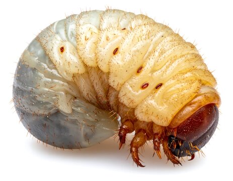Close up of a grub larva isolated on white background macro photography