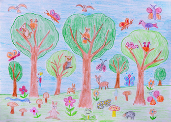 Child's drawing of an idyllic forest with trees and wild animals