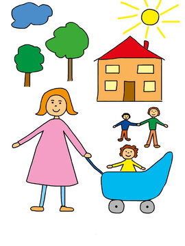 Naive drawing of family walking with pram in garden near house