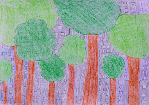 Childs drawing of green forest and urban city skyline