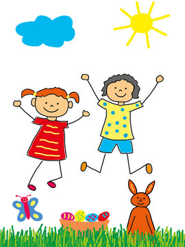 Naive easter illustration with bunny eggs sun and meadow