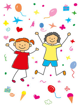 Colorful naive illustration of jumping at a happy birthday party
