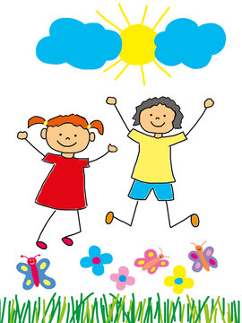Naive drawing of jumping figures in a sunny flower meadow