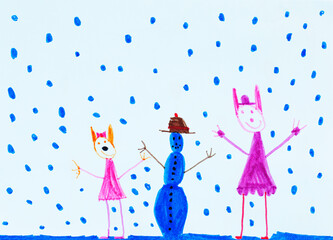 Naive illustration of a happy snowman with falling snowflakes