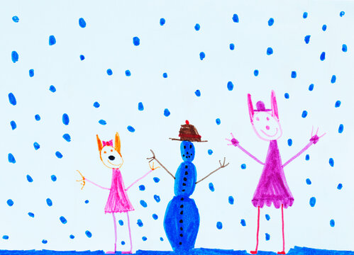 Naive illustration of a happy snowman with falling snowflakes
