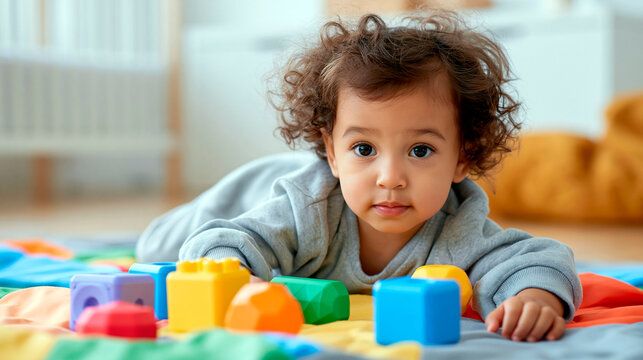 Curly haired toddler playing with colorful blocks on floor at home, early childhood development and learning through play concept