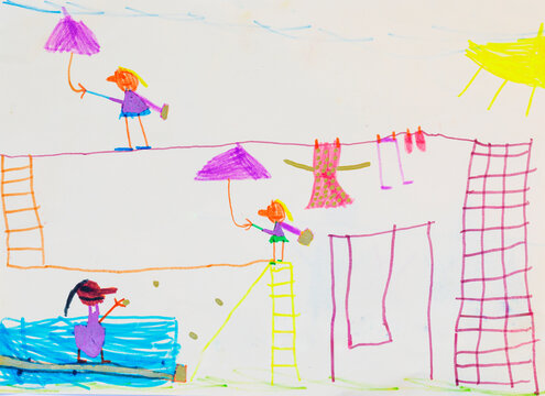 Naive illustration of a colorful playground with balancing figures