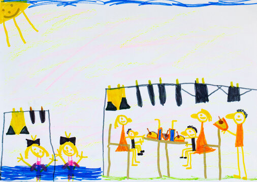 Naive illustration of a family having a summer picnic in the garden