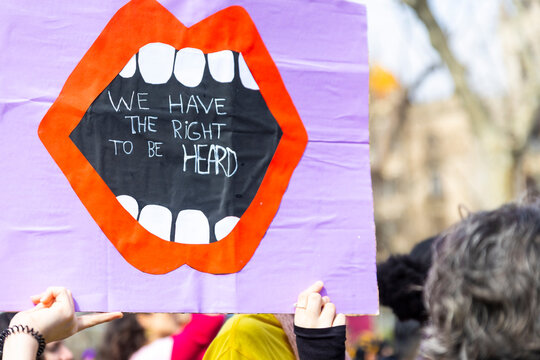Protest sign with right to be heard message in Barcelona