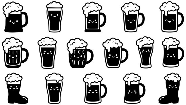 Collection of cute beer mugs and glasses featuring funny smiling faces in a black white style