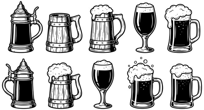 Detailed collection of vintage beer mugs and glasses featuring artistic hand drawn black and white style