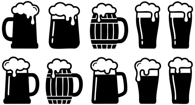 Collection of black and white beer mugs and glasses featuring frothy foam for pub menus