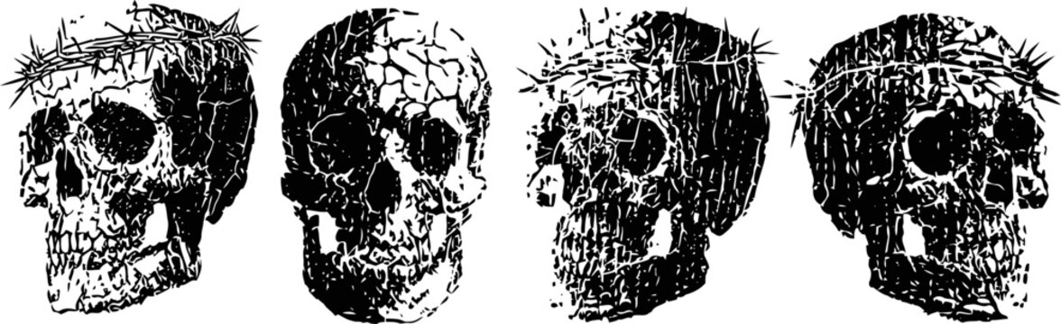 vintage cracked human skull with crown of thorns illustration four views of skeletal head and face