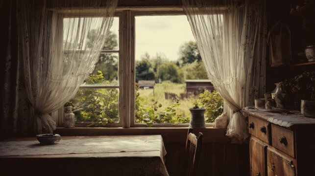 Cozy late 1980s countryside cottage interior, open window with flowing curtain, old wooden furniture, summer greenery outside, emotional peaceful