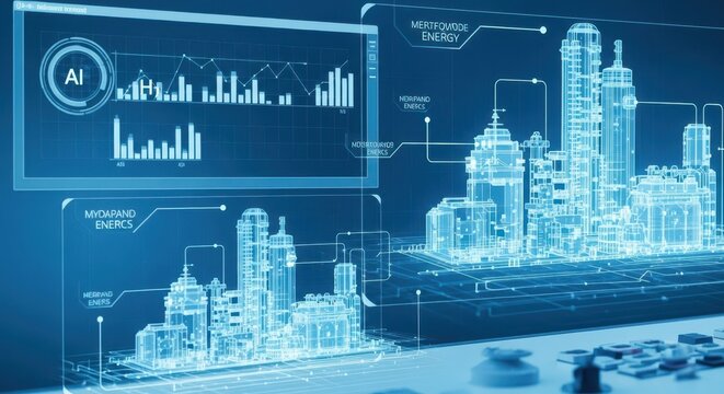 Futuristic digital city skyline with data analysis graphs and energy infrastructure schematic overlay.