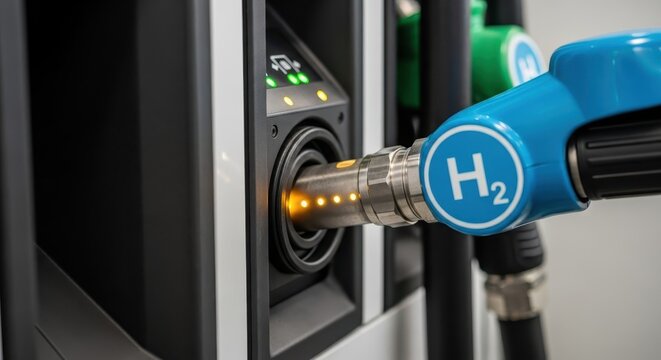 Close-up view of a blue hydrogen H2 fuel dispenser nozzle connecting to a car at a modern energy station.