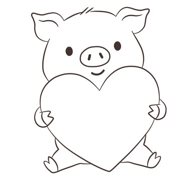 Cartoon illustration line pig with heart 