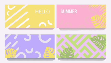 Obraz premium four colorful summer banners with tropical leaves and abstract geometric shapes vector illustration