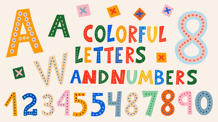 colorful alphabet letters and numbers set decorative hand drawn typography on a light background © Sarathi