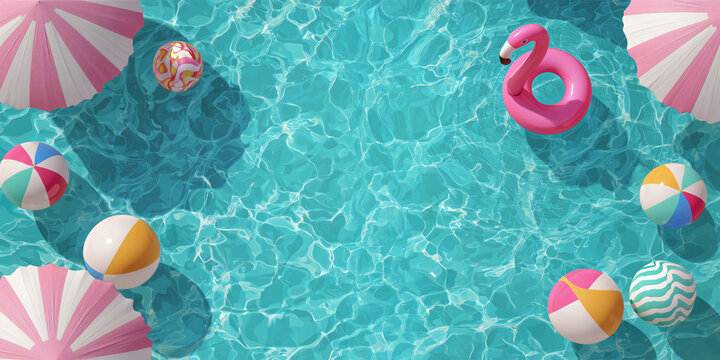 Top view of a swimming pool with copy space, pink pastel inflatable floatings balloons and flamingo buoy, summer background