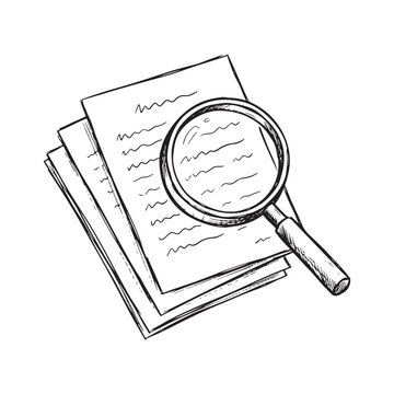 Magnifying glass on top of documents with scribbled notes