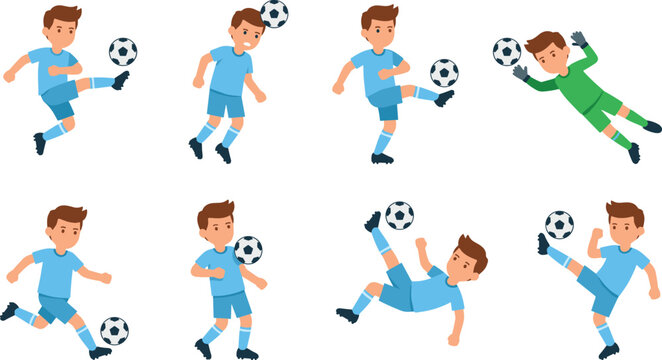 Cartoon Soccer Player Action Set with Kicking, Heading, Dribbling, Bicycle Kick, and Goalkeeper Dive Poses for Sports Designs