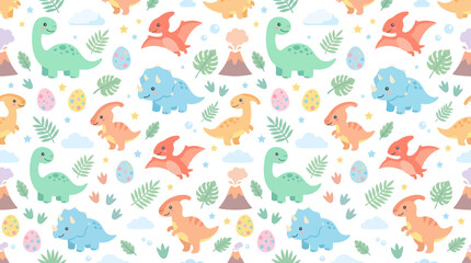 Fototapeta premium Cute Flat Cartoon Dinosaurs Seamless Pattern for Kids. Prehistoric Background with Eggs, Volcanoes, and Leaves.