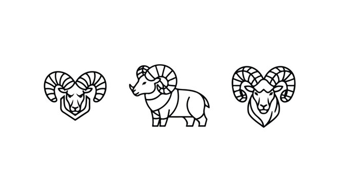 Ram head silhouettes with curved horns in halftone style