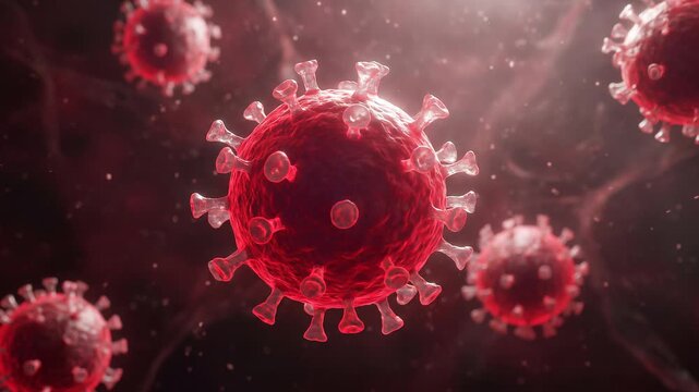 Realistic cinematic microscopic depiction of the HANTAVIRUS, showcasing its intricate, luminous viral structures in a biological context