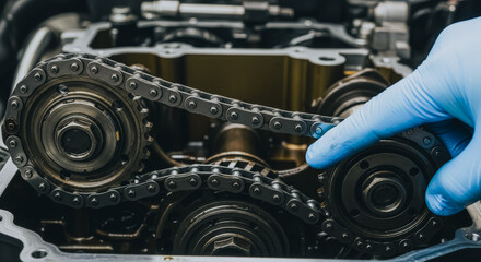 Fototapeta premium Timing chain and camshaft gears in a car engine being repaired by a mechanic