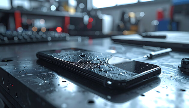 Broken smartphone screen with shattered glass and water droplets on a dark, textured surface, representing damage and repair