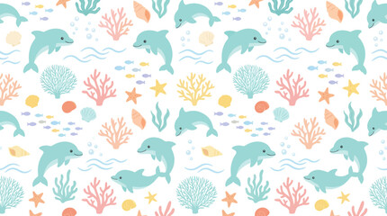 Obraz premium Cute Flat Cartoon Dolphins and Coral Reef Seamless Pattern. Kids Ocean Marine Life Illustration.