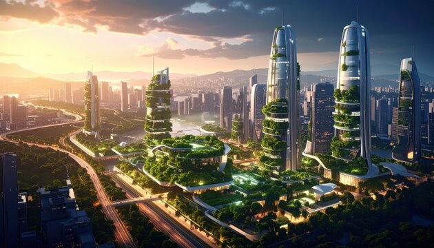 Futuristic urban cityscape featuring integrated vertical farms and advanced sustainable architecture.