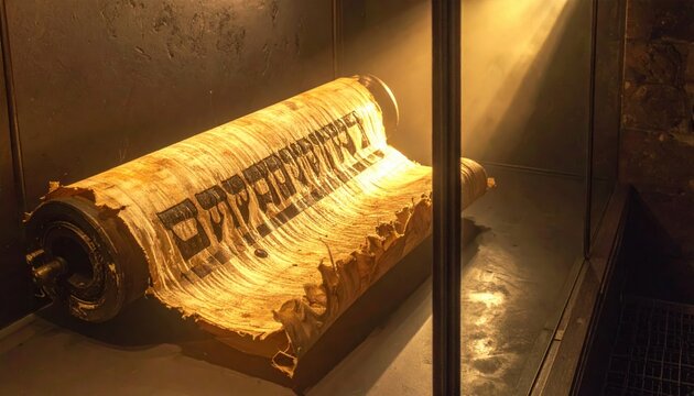 An aged fragment of a Dead Sea Scroll made from ancient animal hide, displaying faded Hebrew script in a museum exhibit.