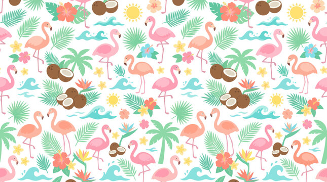 Flamingo Tropical Summer Seamless Pattern Flat Illustration with Coconuts, Palm Trees, and Beach Waves