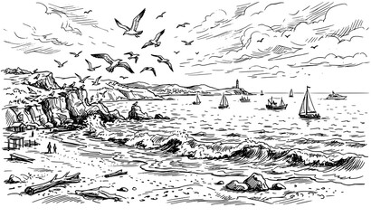 Black and white illustration of a rocky coastline with sailboats and seagulls © aliful