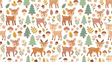 Naklejka premium Cute Woodland Forest Deer Fawns, Pine Trees Mushrooms Kids Seamless Pattern in Flat Vector Illustration Style