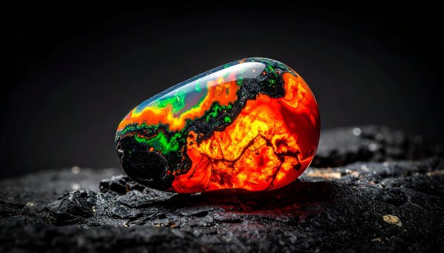 Glowing opal gemstone with fiery colors on rough, dark surface