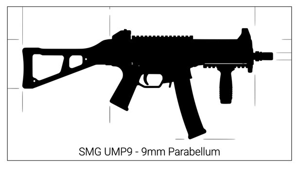 Heckler koch ump9 9mm parabellum submachine gun silhouette vector illustration