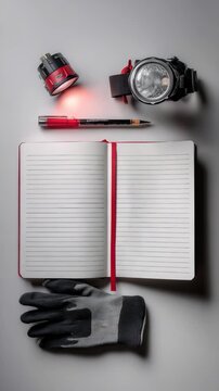 Flat lay of an open notebook with handwritten notes, a red pen, gloves, and two portable flashlights arranged neatly on a white background. Essential items for planning and adventure preparation