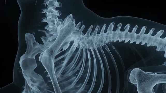 X-ray of a canine skeleton showing rib cage and spine details