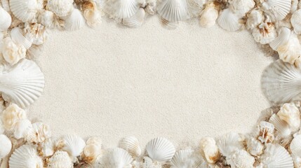 Obraz premium Elegant frame made of seashells and soft sand textures surrounding empty center space, bright coastal light, luxury beach aesthetic, ultra detailed