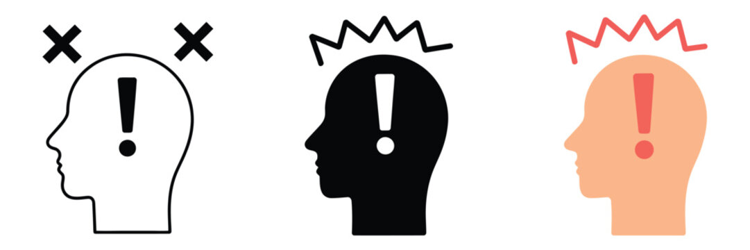 Human Head Profile Icon Set With Exclamation Mark And Error Symbols, Mental Stress, Confusion, Memory Loss And Brain Fatigue Concept Vector Illustration For Health And Psychology Design.